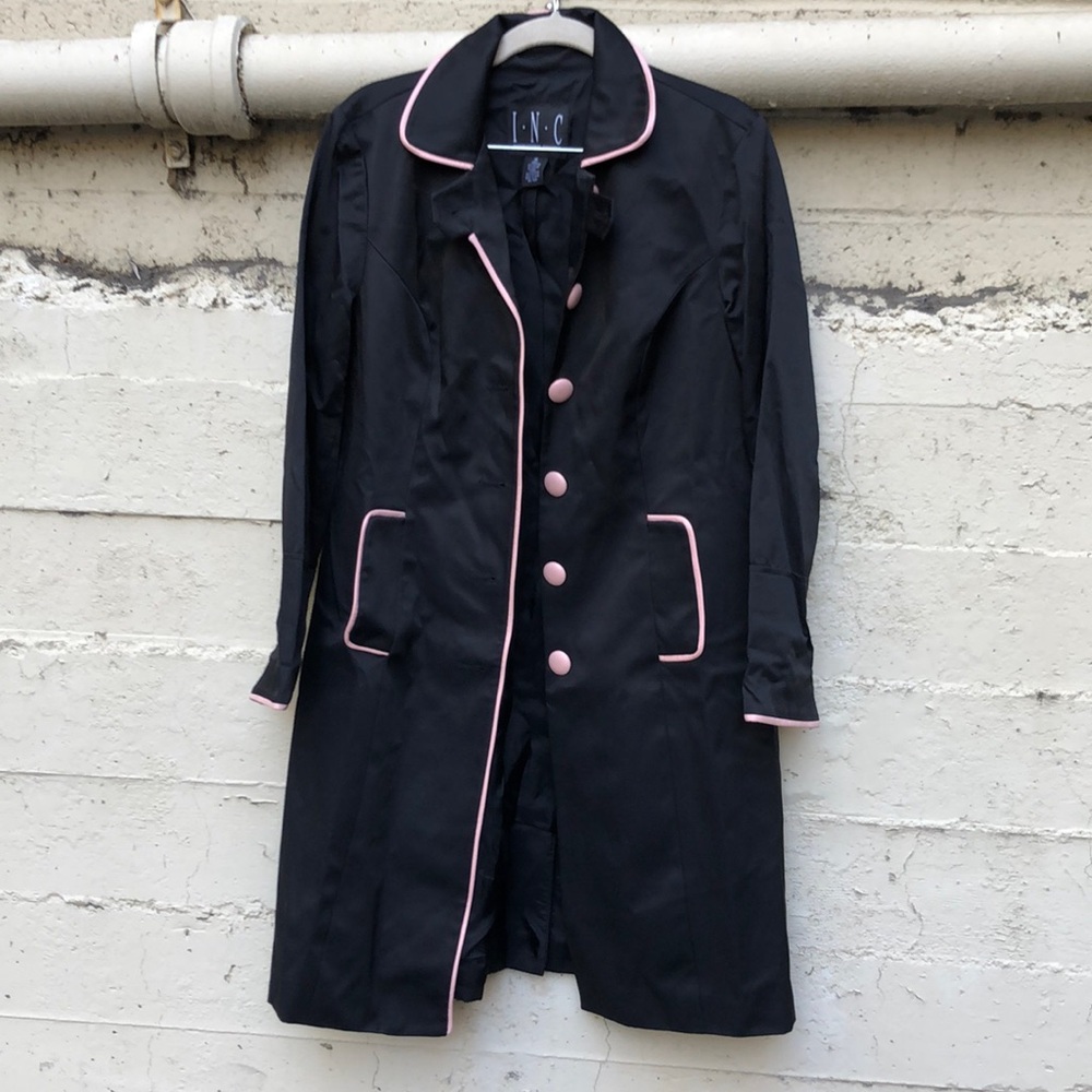 INC international concepts black coat with baby pink leather buttons size medium